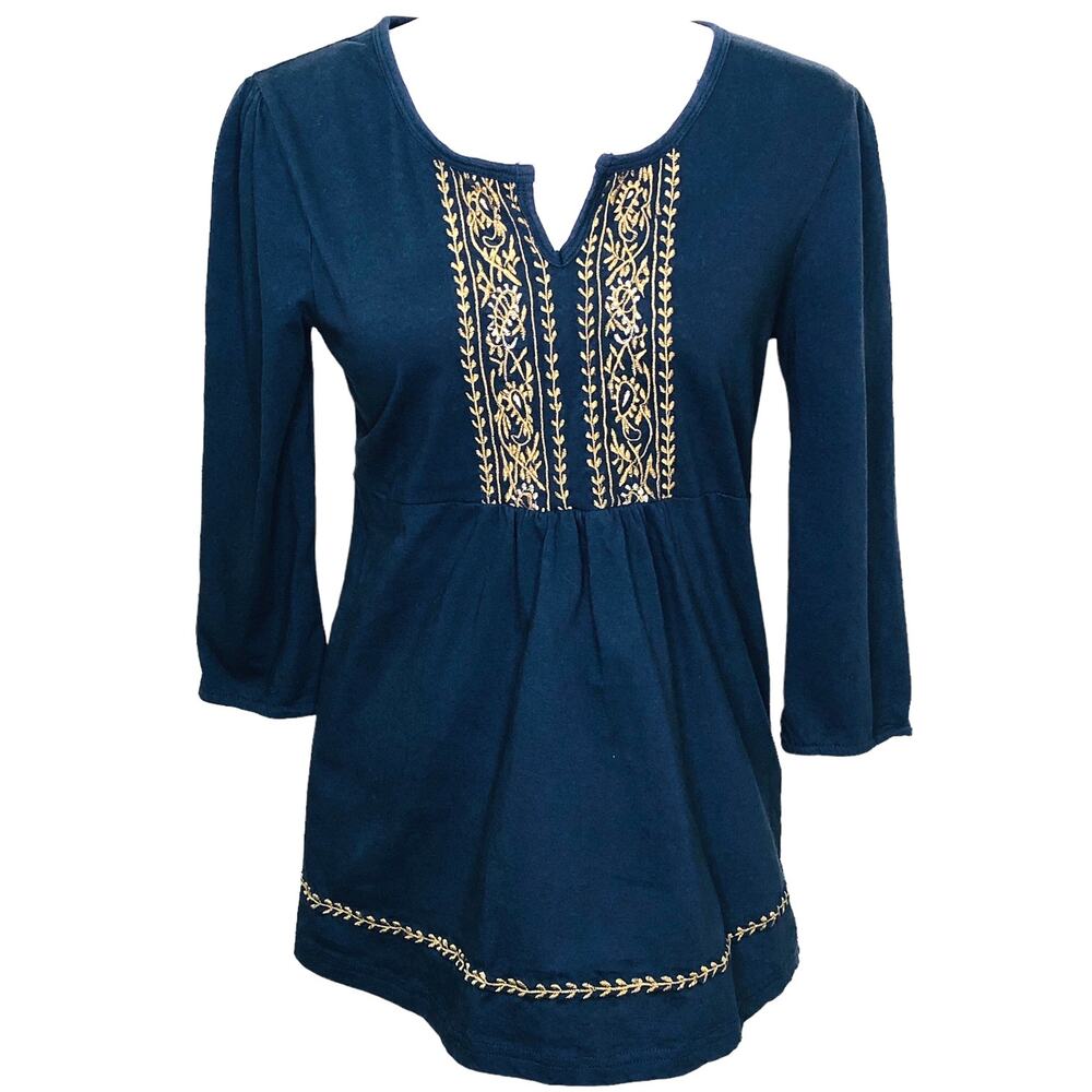 Take Two Clothing Co. Blue Empire Waist Embroidered Yoke 3/4 Sleeve Tunic Top